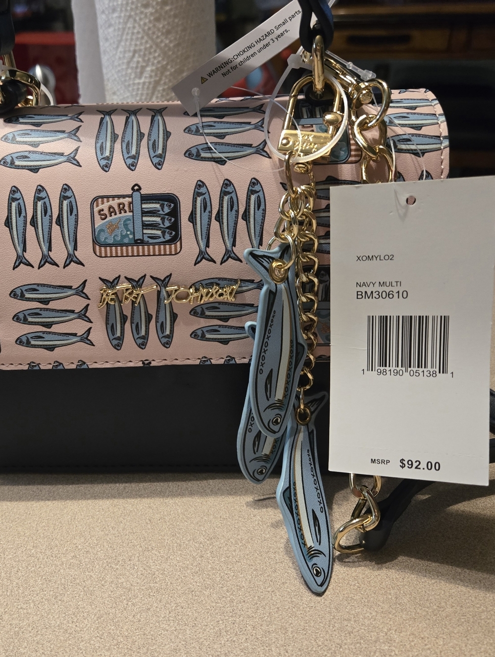 Betsey Johnson Pink and Navy Sardine Print Crossbody with Gold Hardware